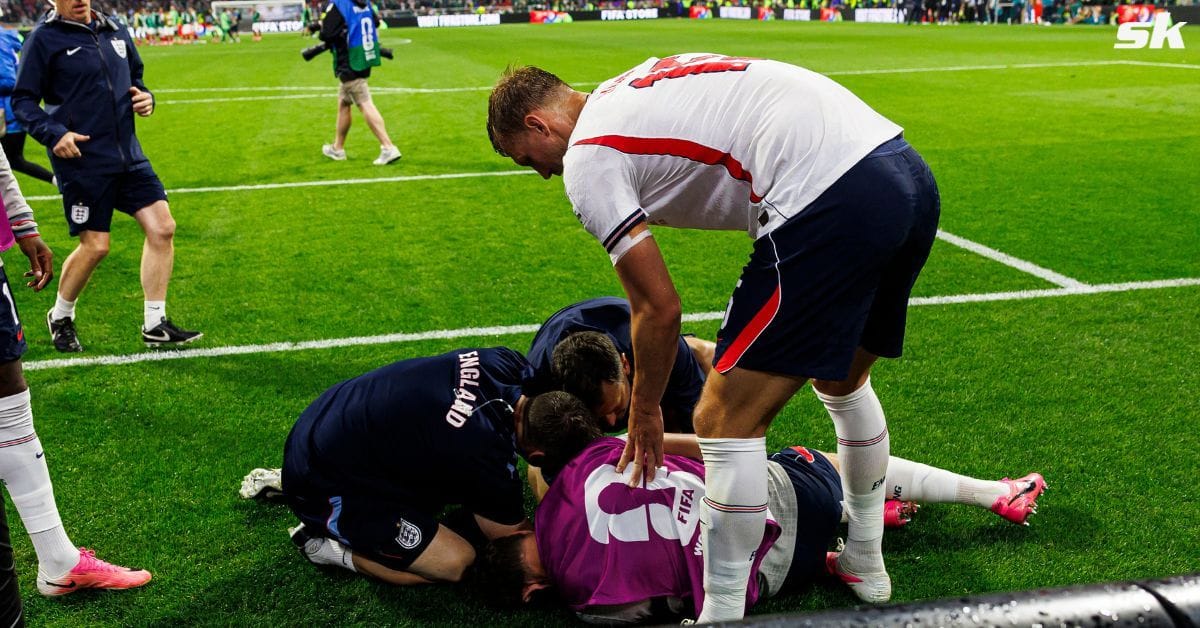 England star appears to pick up injury during celebrations after FIFA World Cup Ro16 win over Mexico, stretchered off the field