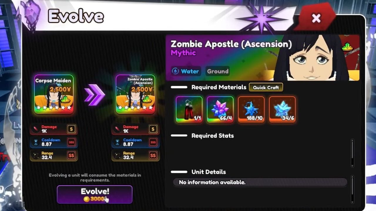 All materials needed to evolve Corpse Maiden (Image via Roblox)