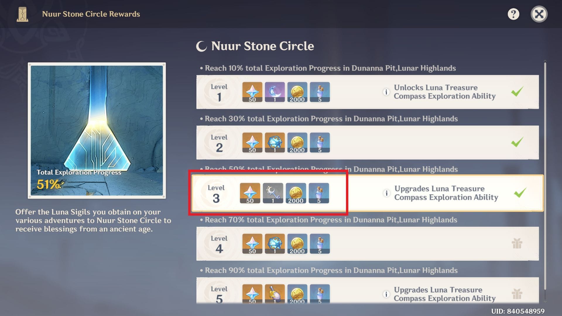 Nuur Stone Circle oferecendo recompensas do sistema (Imagem via HoYoverse)