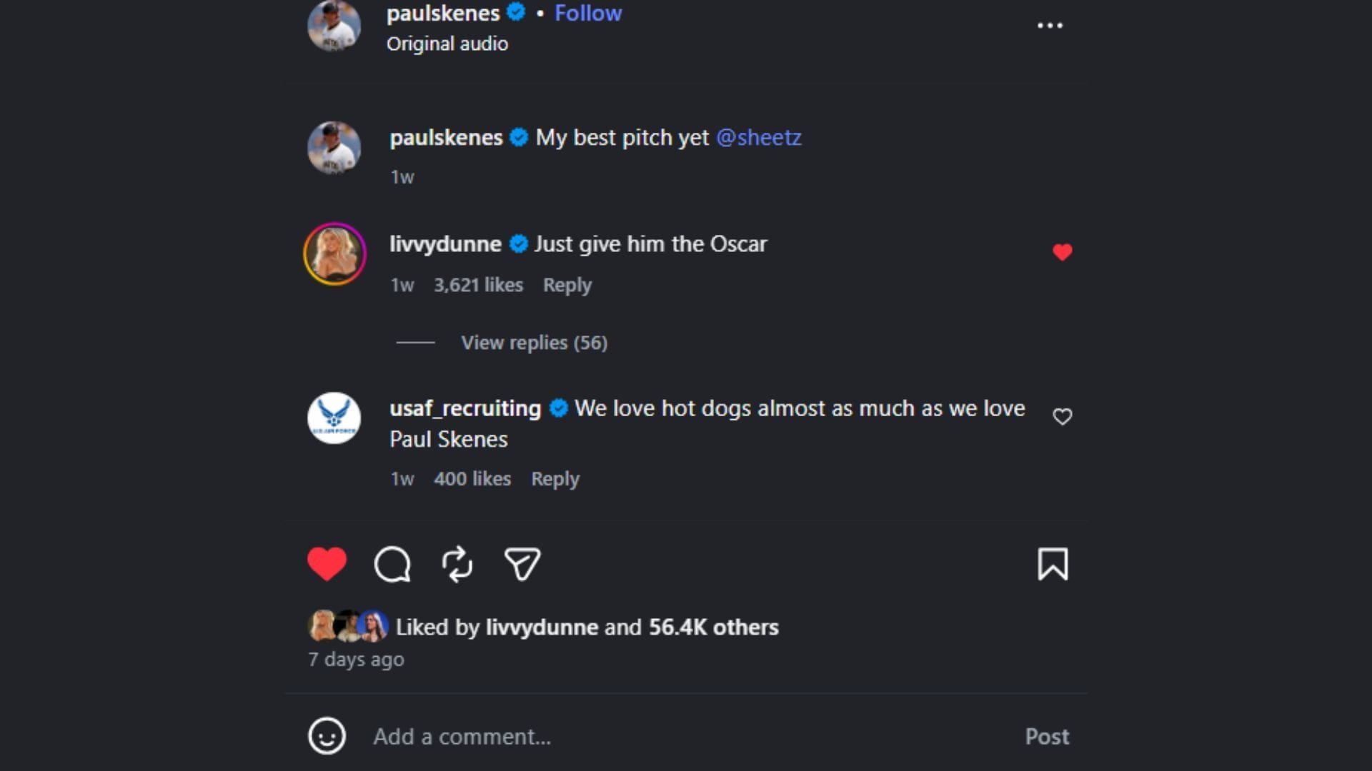 Olivia Dunne comenta a postagem do namorado Paul Skenes no IG