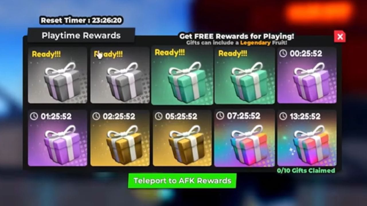 Obtenha frutas com Playtime Rewards (imagem via Roblox)
