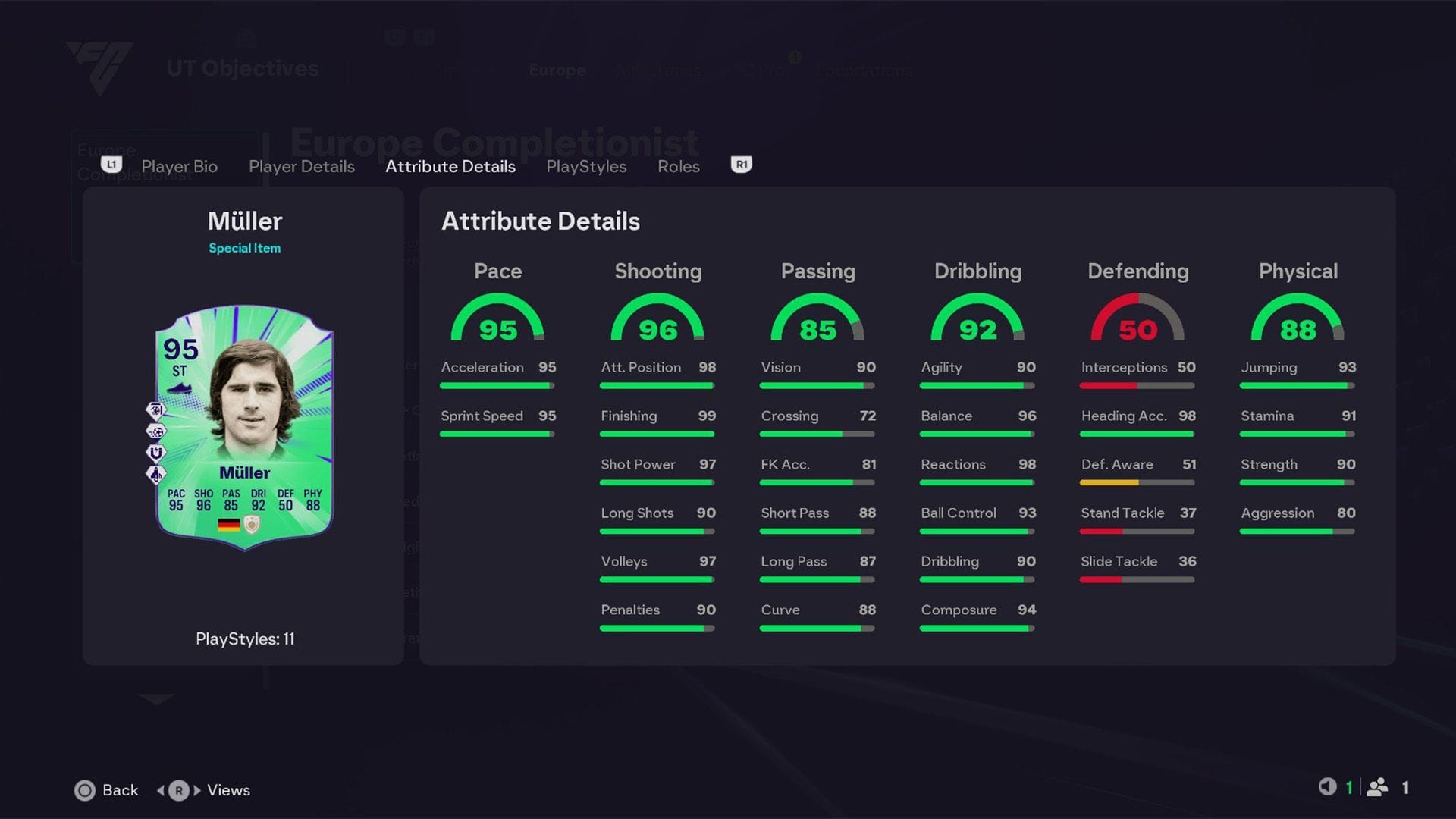 Attributes of Gerd Müller Journey of Nations Icon (Image via Sportskeeda/EA Sports)