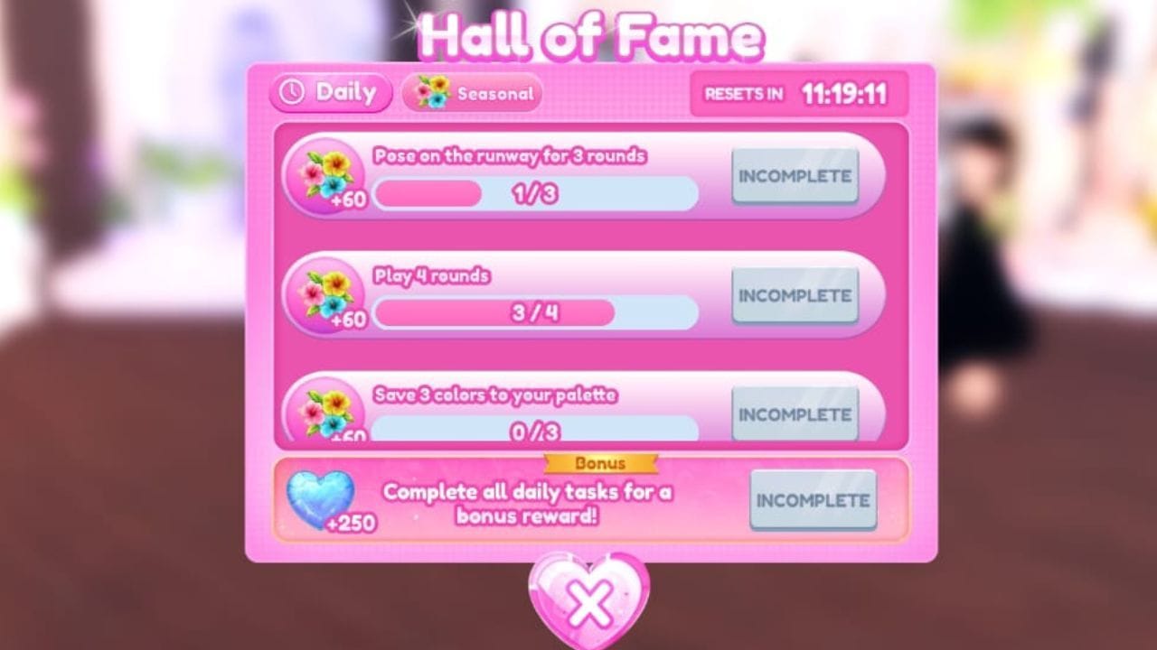 O menu de missões (imagem via Roblox)