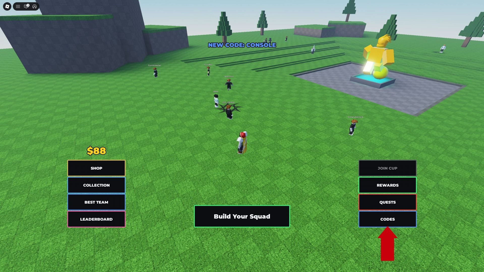 How to redeem codes in Build a Soccer Squad (Image via Roblox || Sportskeeda)
