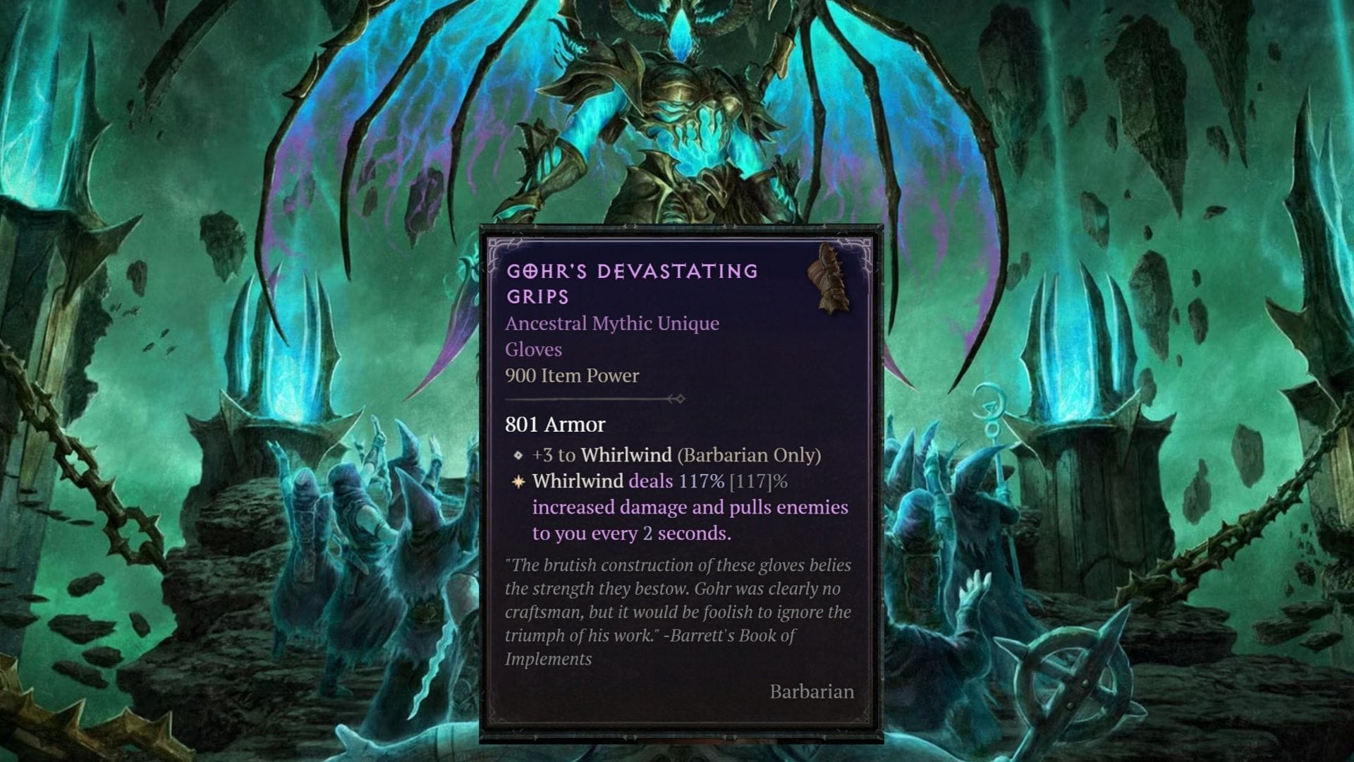 Os Devastating Grips de Gohr fazem o Whirlwind Barbarian girar mais forte do que nunca (Imagem via Blizzard Entertainment)