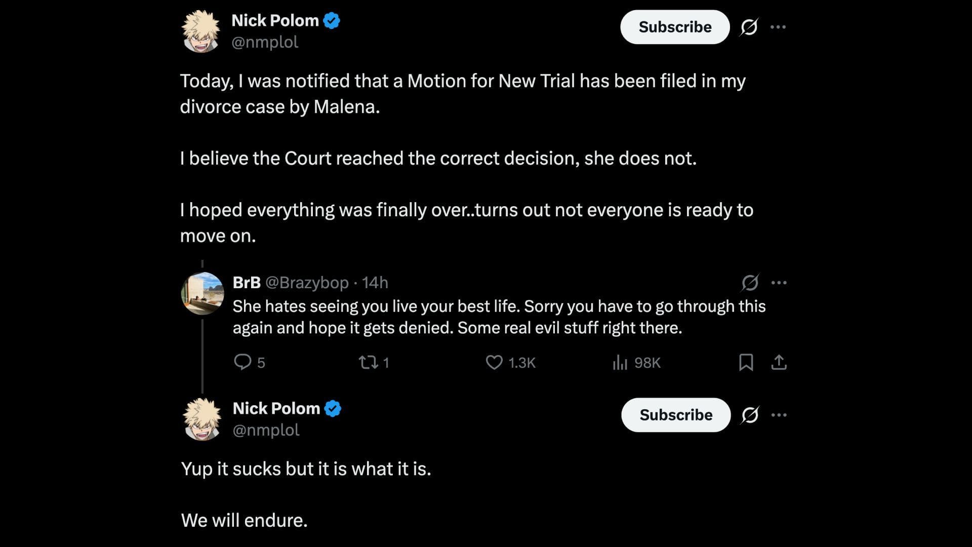 Postagens X recentes de Nick (imagem via X/@nmplol)