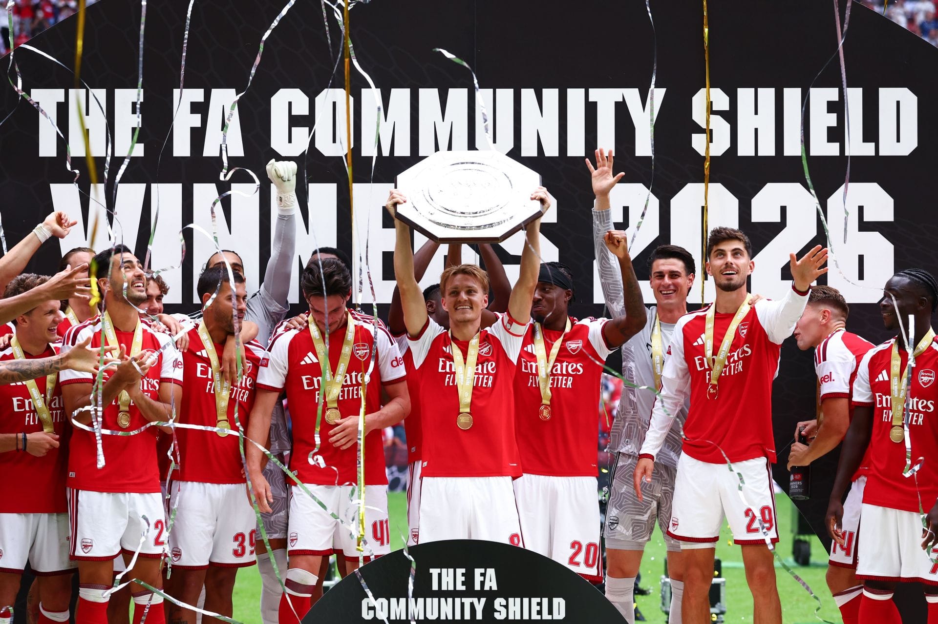 Arsenal superstar hits himself on the face with Community Shield as he celebrates win over Man City with fans, video goes viral