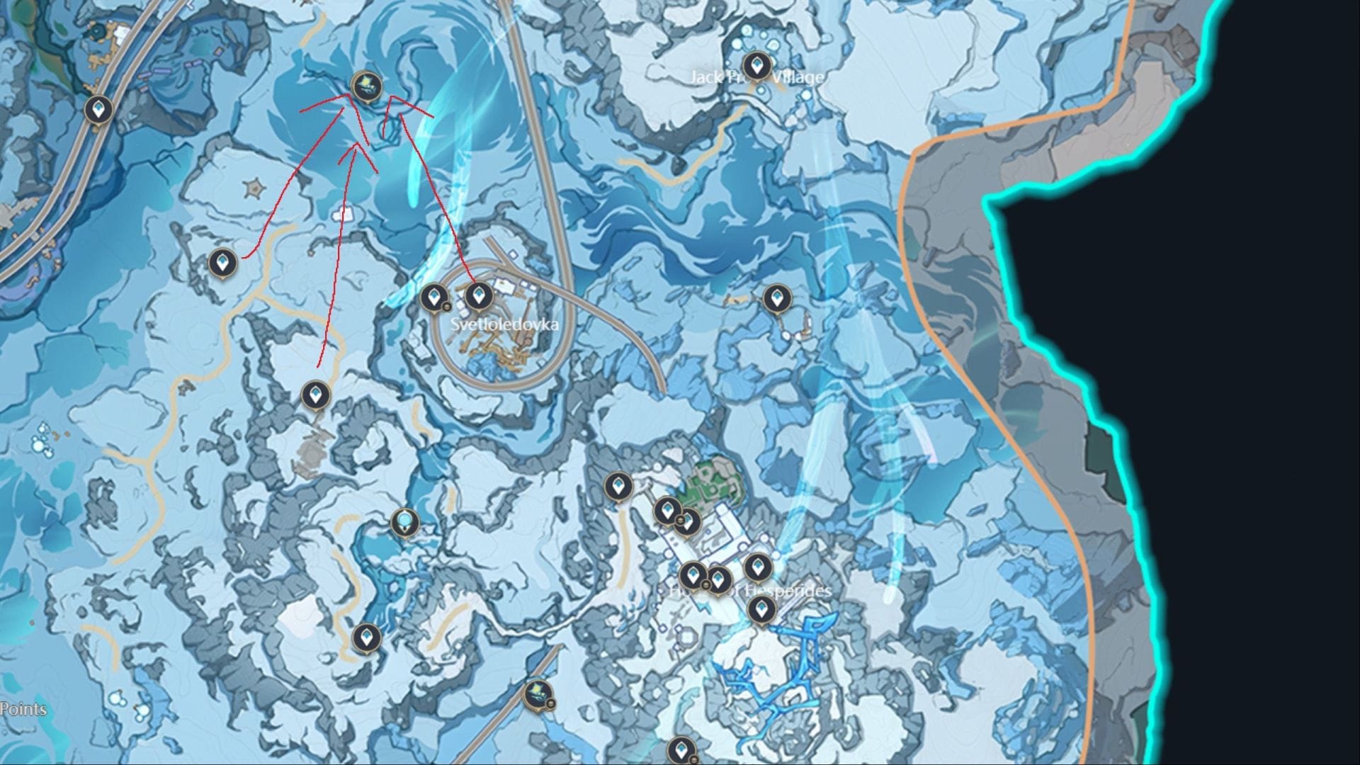 Flower location near Svetloledovka in Genshin Impact (Image via HoYoverse || Interactive map)