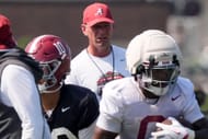 Aug. 6, 2026; Tuscaloosa, AL, USA; Head coach Kalen DeBoer watches the quarterbacks and running backs during the Alabama - Source: Imagn