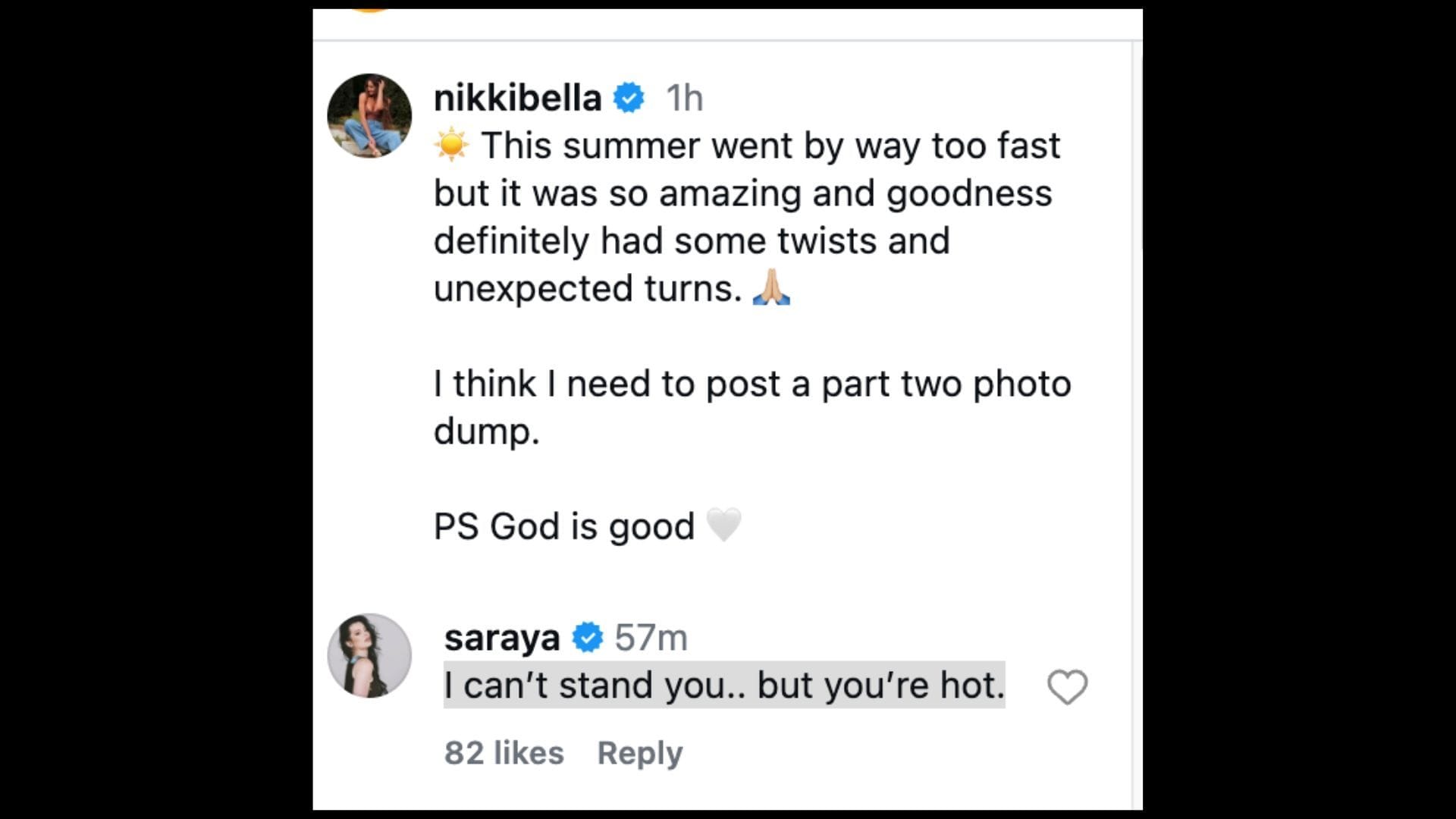 Paige responded to Bella's post today. (Source: Nikki Bella on Instagram)
