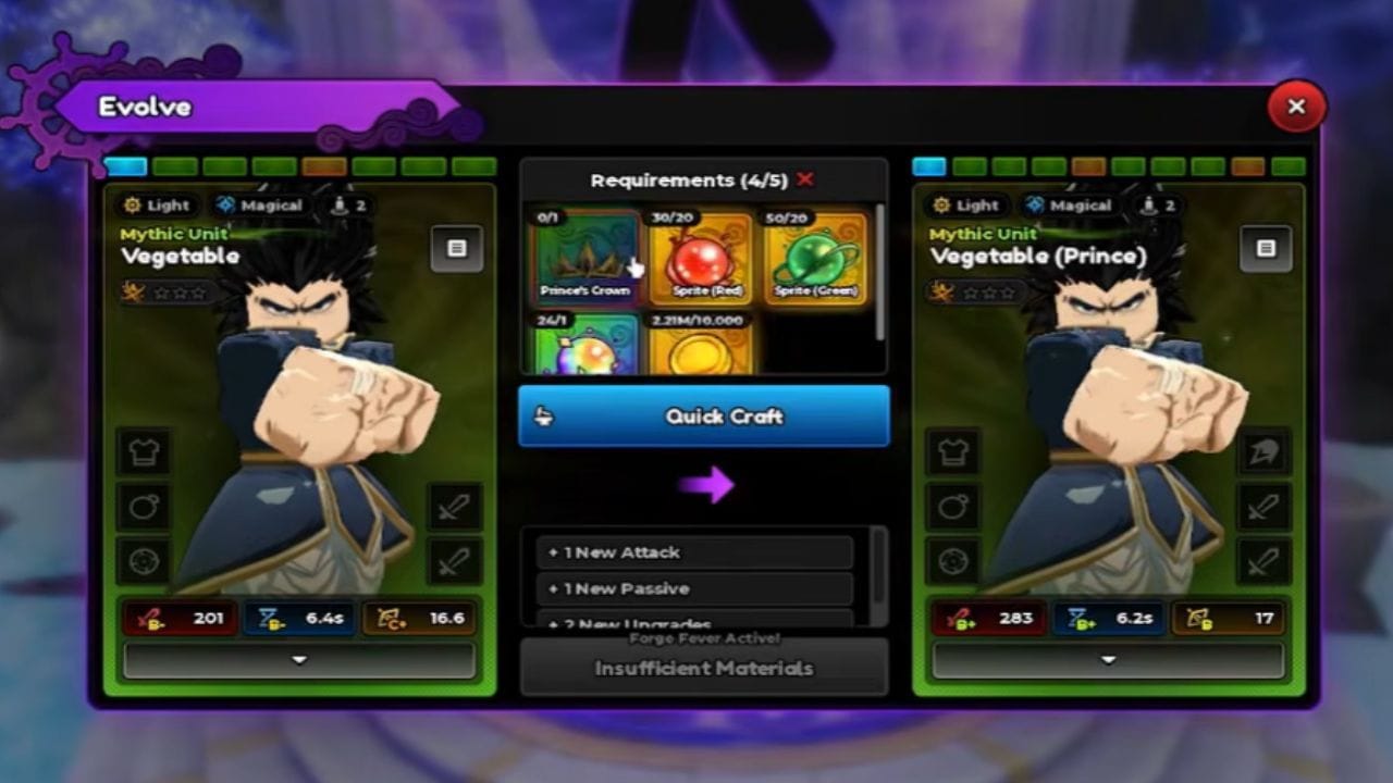 Items required for evolving Vegetable (Image via Roblox)