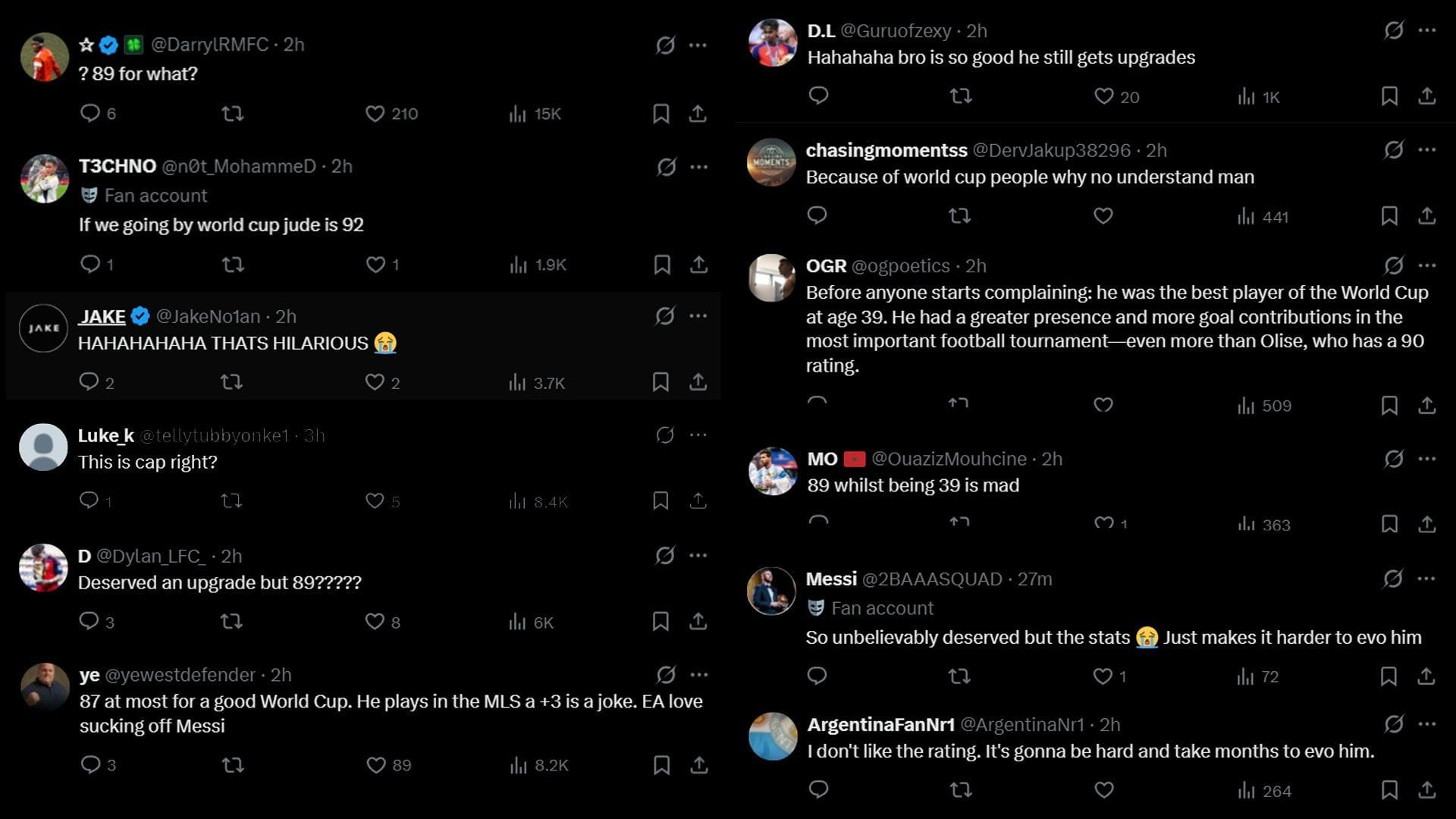 Fan reaction to Messi's EA FC 27 rating (Image via X)
