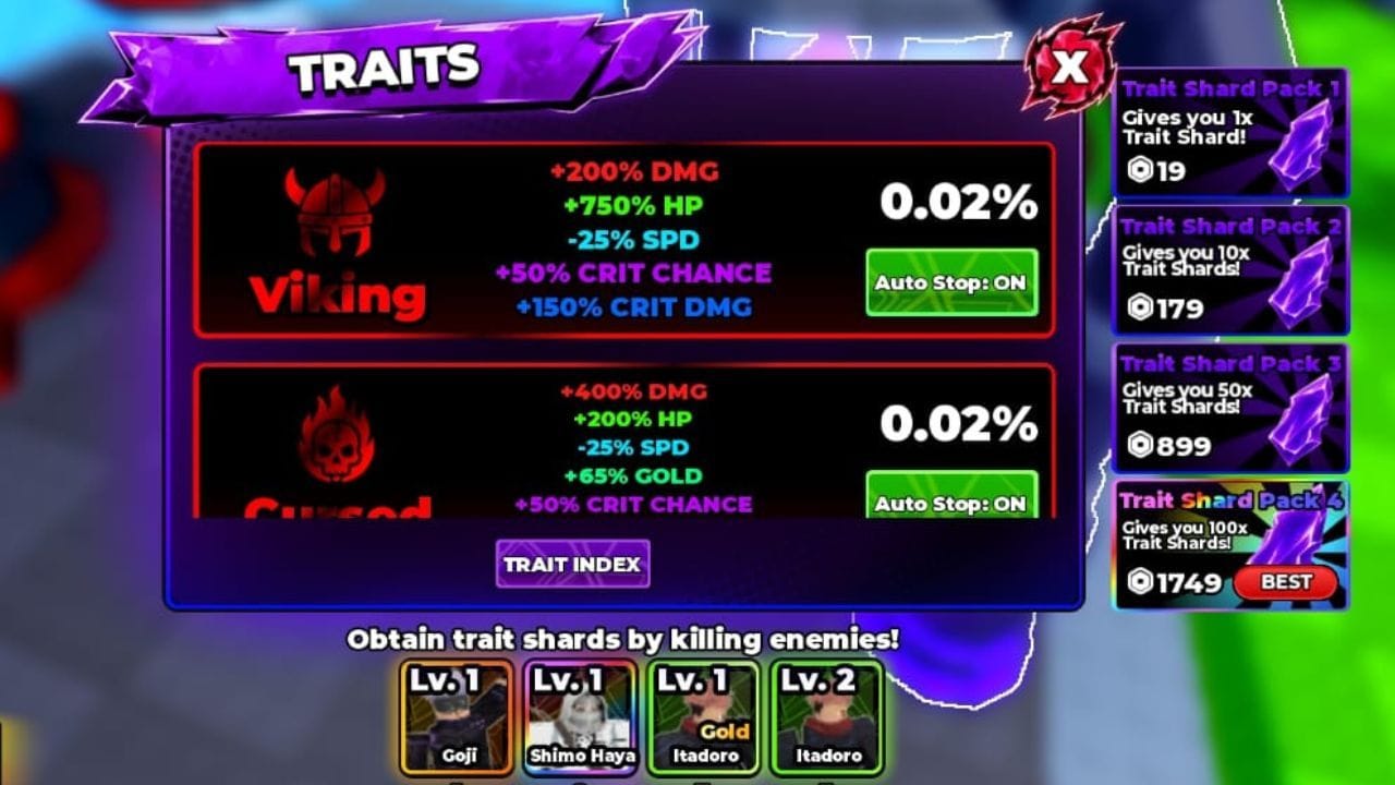 The Traits index (Image via Roblox)