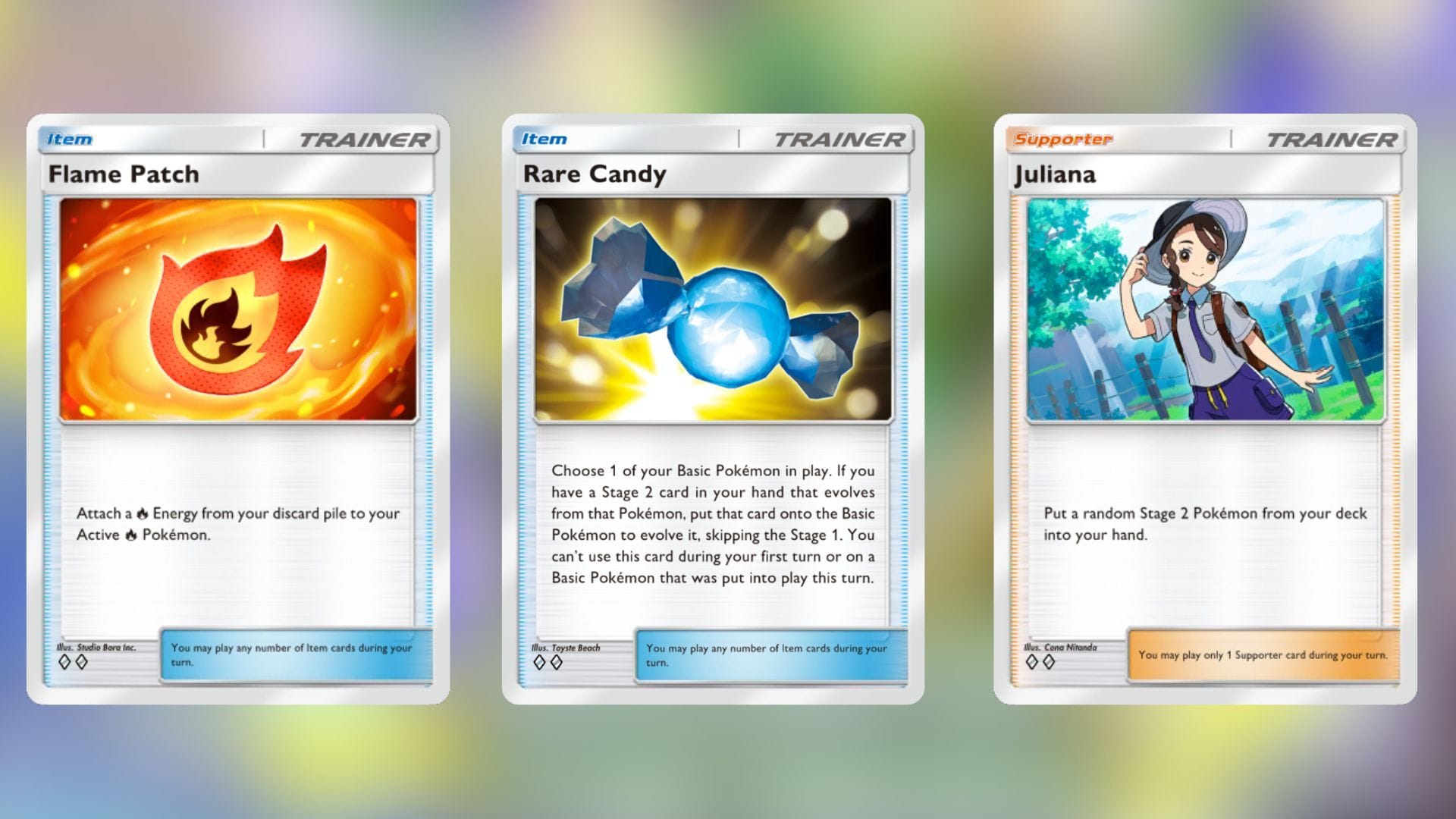 Flame Patch, Rare Candy, and Juliana in TCG Pocket (Image via The Pokemon Company)