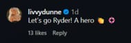 Olivia Dunne's comment (Image via Instagram/baywatchtv)
