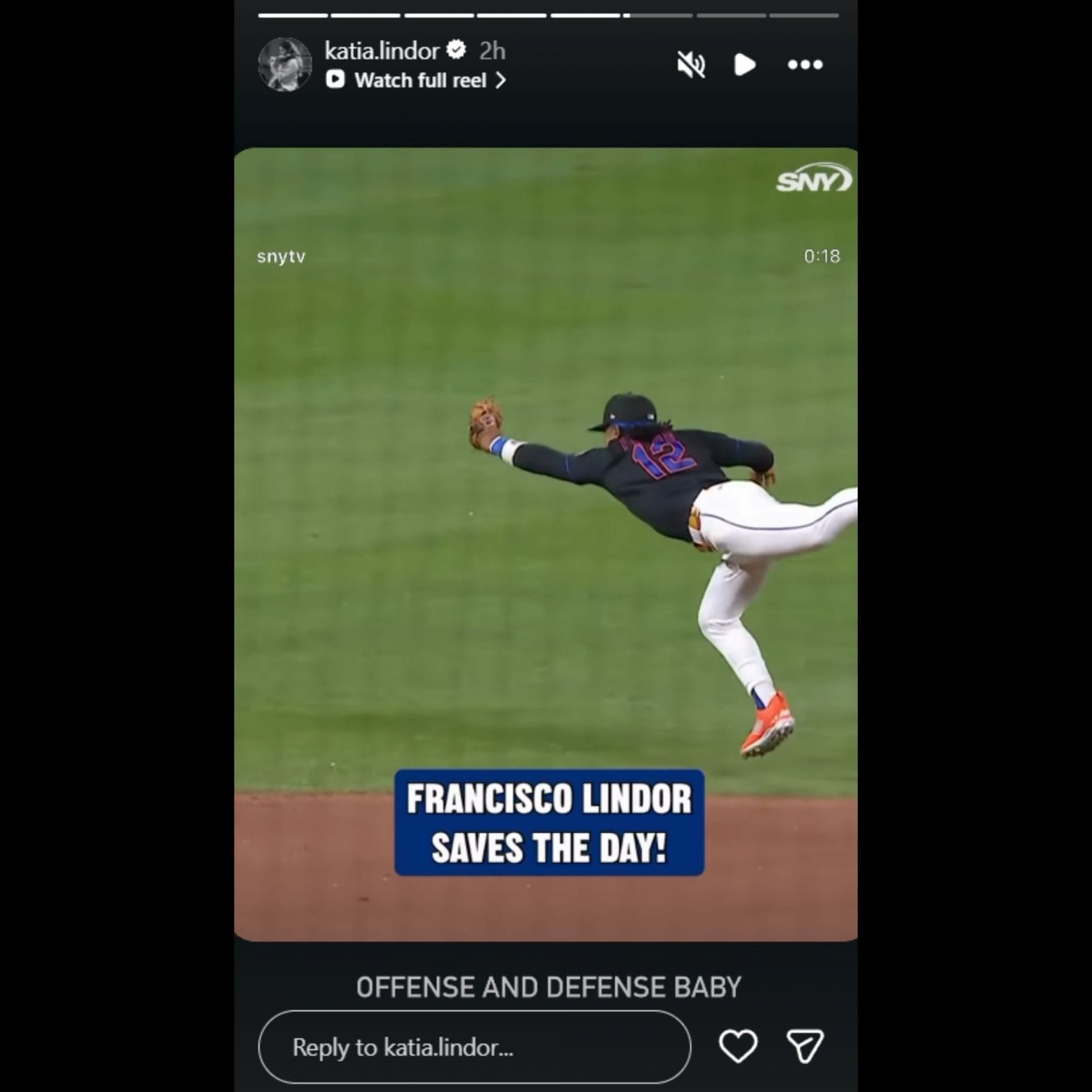 Katia Lindor reacts to Francisco Lindor's outstanding performance - Source: Instagram Story @katia.lindor