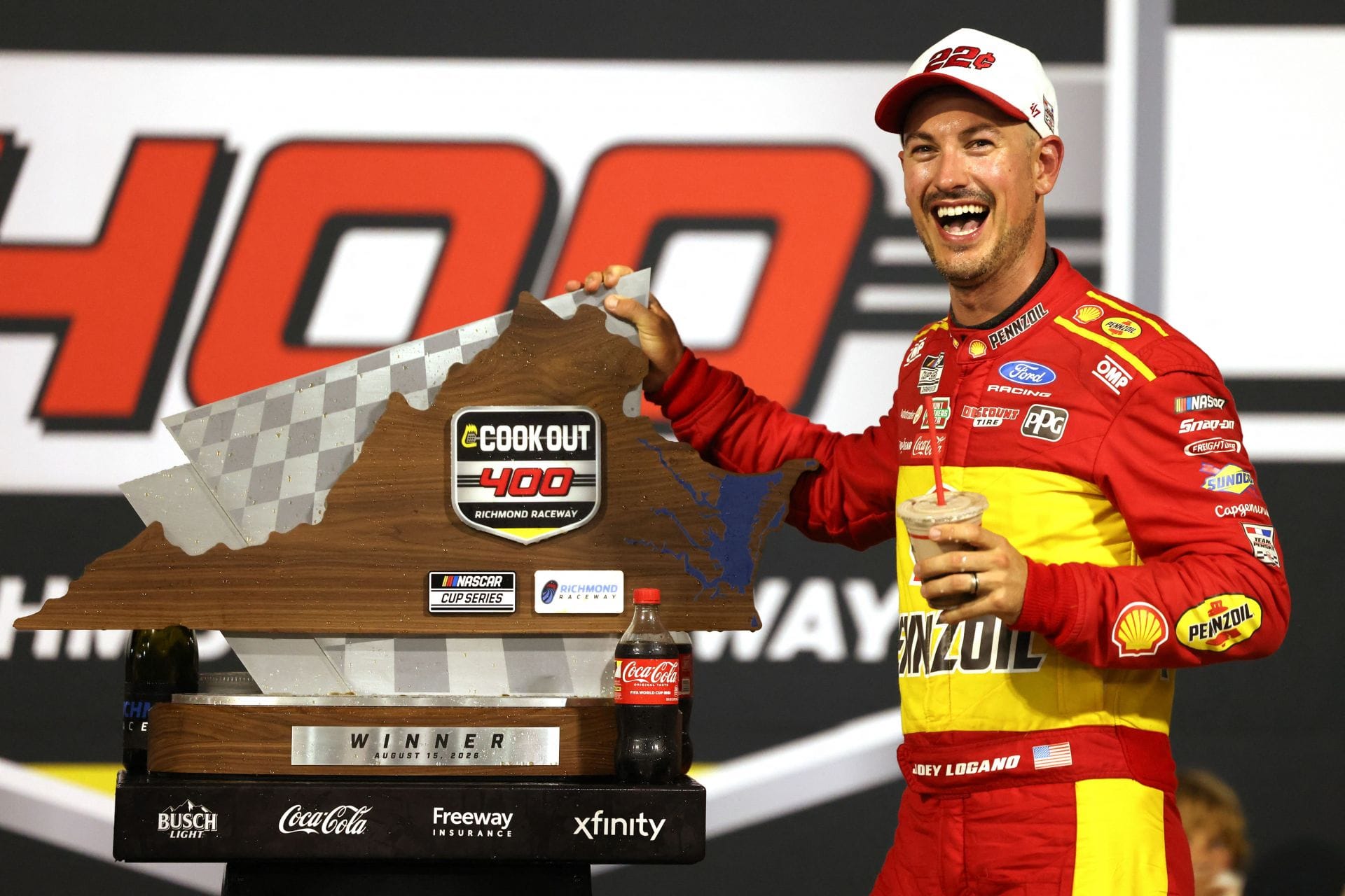 Joey Logano (22) celebrates the win in the Cook Out 400 at Richmond Raceway on Aug 15, 2026.- Source: Imagn