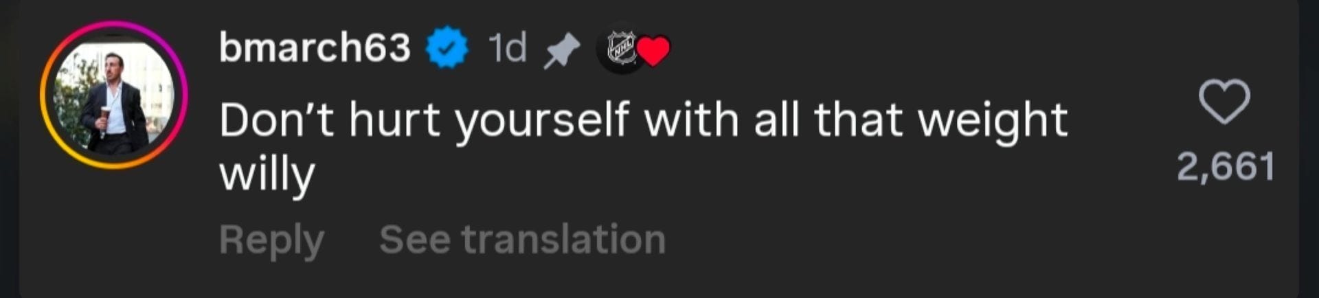 Screenshot of Brad Marchand's comment under NHL's Instagram post - Image Source - Instagram