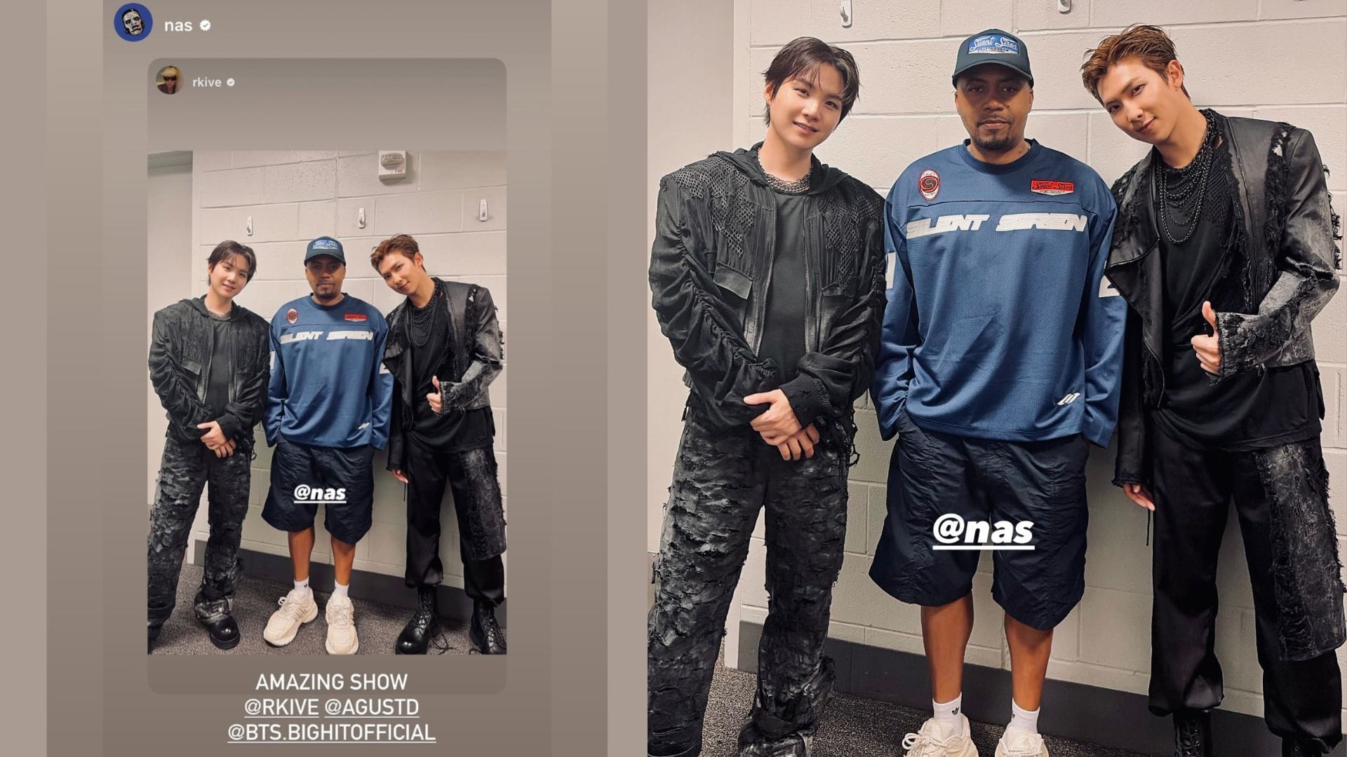 "They got a picture with their idol"- Fans react as BTS' RM gives Nas a stage shoutout & meets the rap legend with Suga backstage at MetLife Stadium