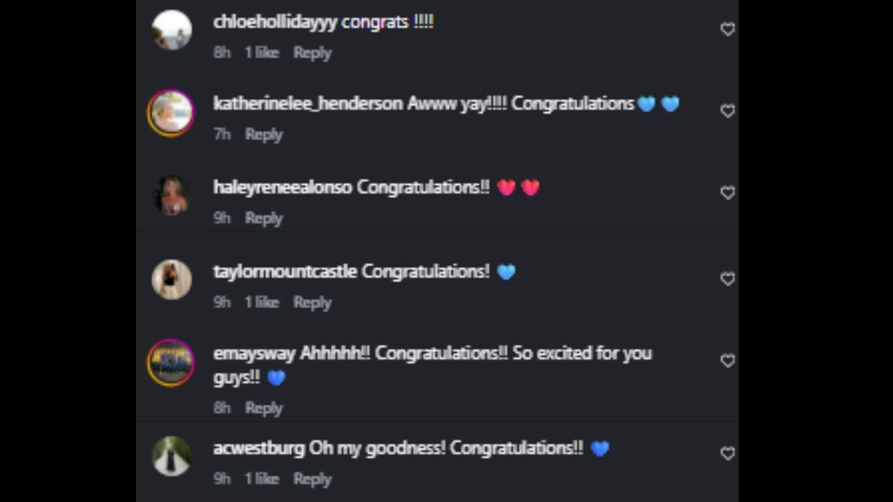 Screenshots of Erica Scherzer, Katherine Henderson, Haley Alonso, Taylor Mountcastle, Chloe Holliday and Anna Claire Westburg's comments on James and Jess McCann's Instagram post (Images via Instagram.com/@mccannon33)