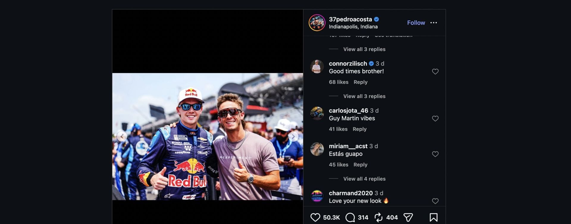 Connor Zilisch comments on Pedro Acosta's post. Source: Screenshot via Instagram