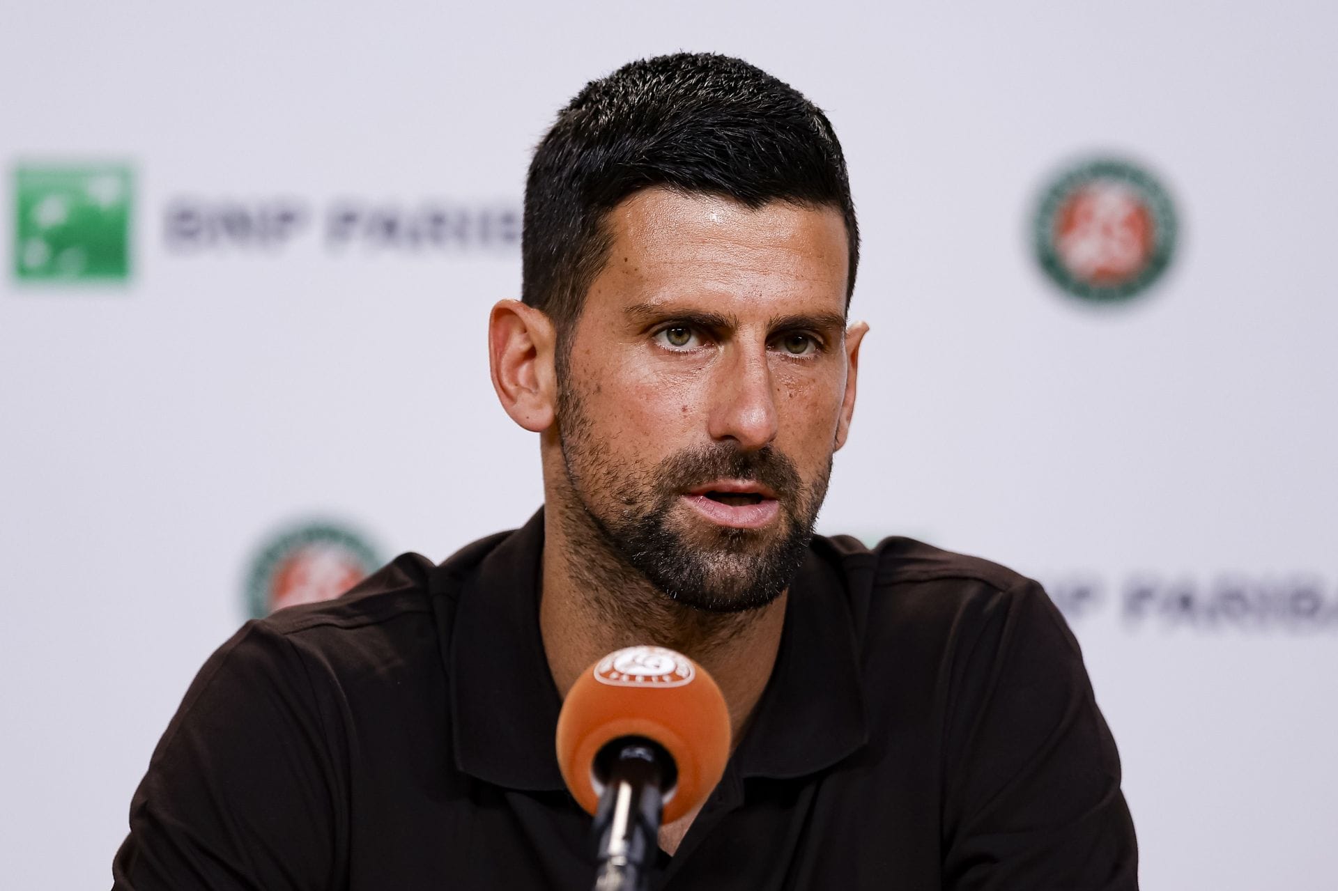 Novak Djokovic during a press conference at the 2026 French Open (Source: Getty)