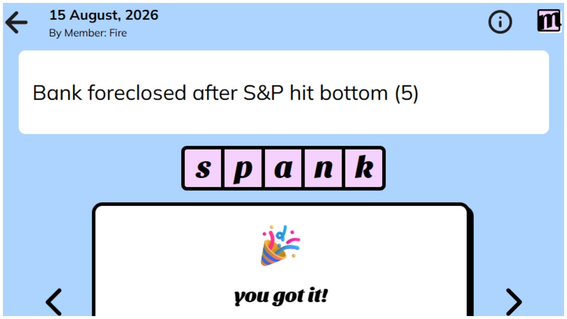 Today's August 15, 2026 Minute Cryptic answer (Image via Minute Cryptic)