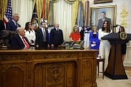 Samantha Busch, IVF advocate, speaks alongside U.S. President Donald Trump. Source: Getty
