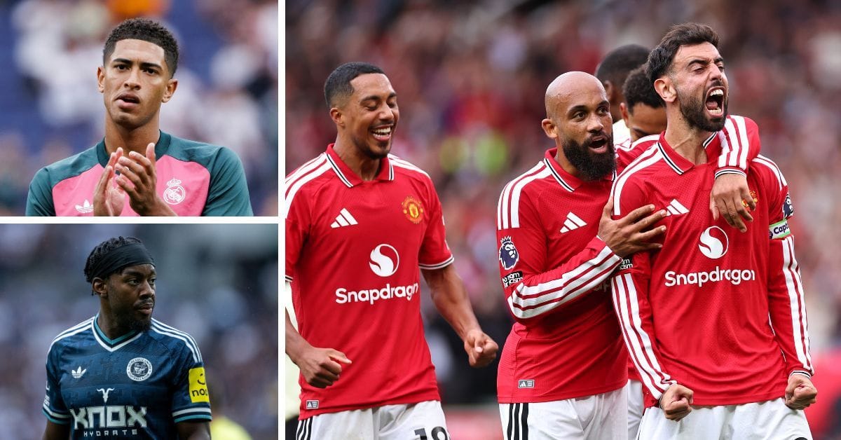 Jude Bellingham and Anthony Elanga react as Bruno Fernandes celebrates scoring hat-trick for Manchester United in 5-2 win vs Ipswich