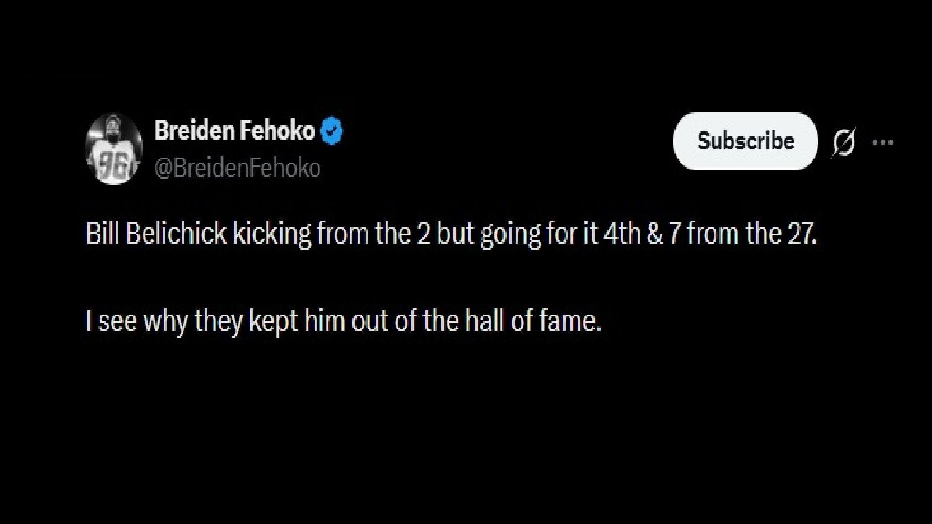 Breiden Fehoko's deleted reaction to Bill Belichick's field goal decision against TCU (Image via X/@BreidenFehoko)