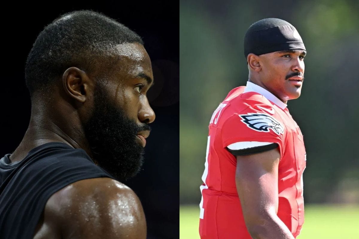 "Had to be one of the corniest conversation in history": NFL fans mock Jalen Hurts and Jaylen Brown catching up at Eagles camp