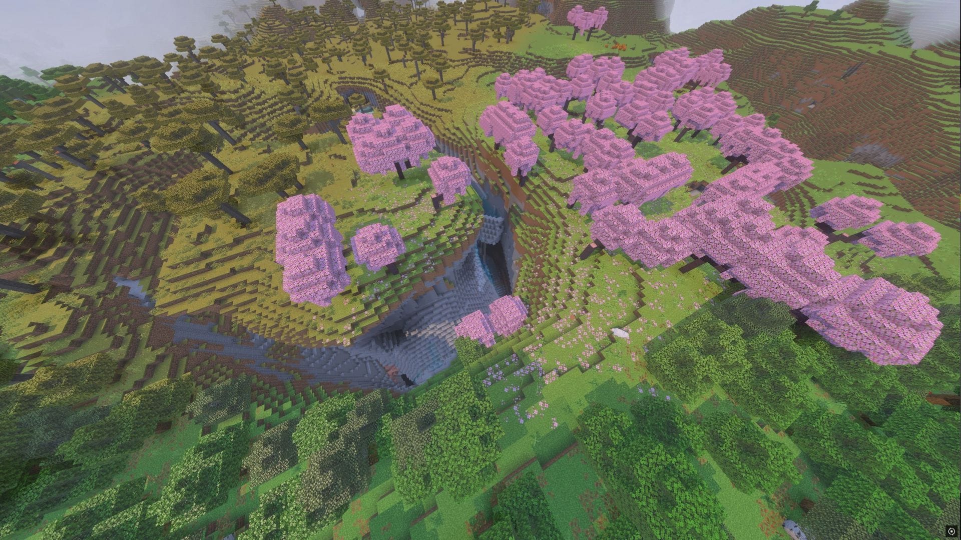 You will spawn beside the biome with a massive ravine to the diamond levels (Image via Mojang Studios || Sportskeeda)