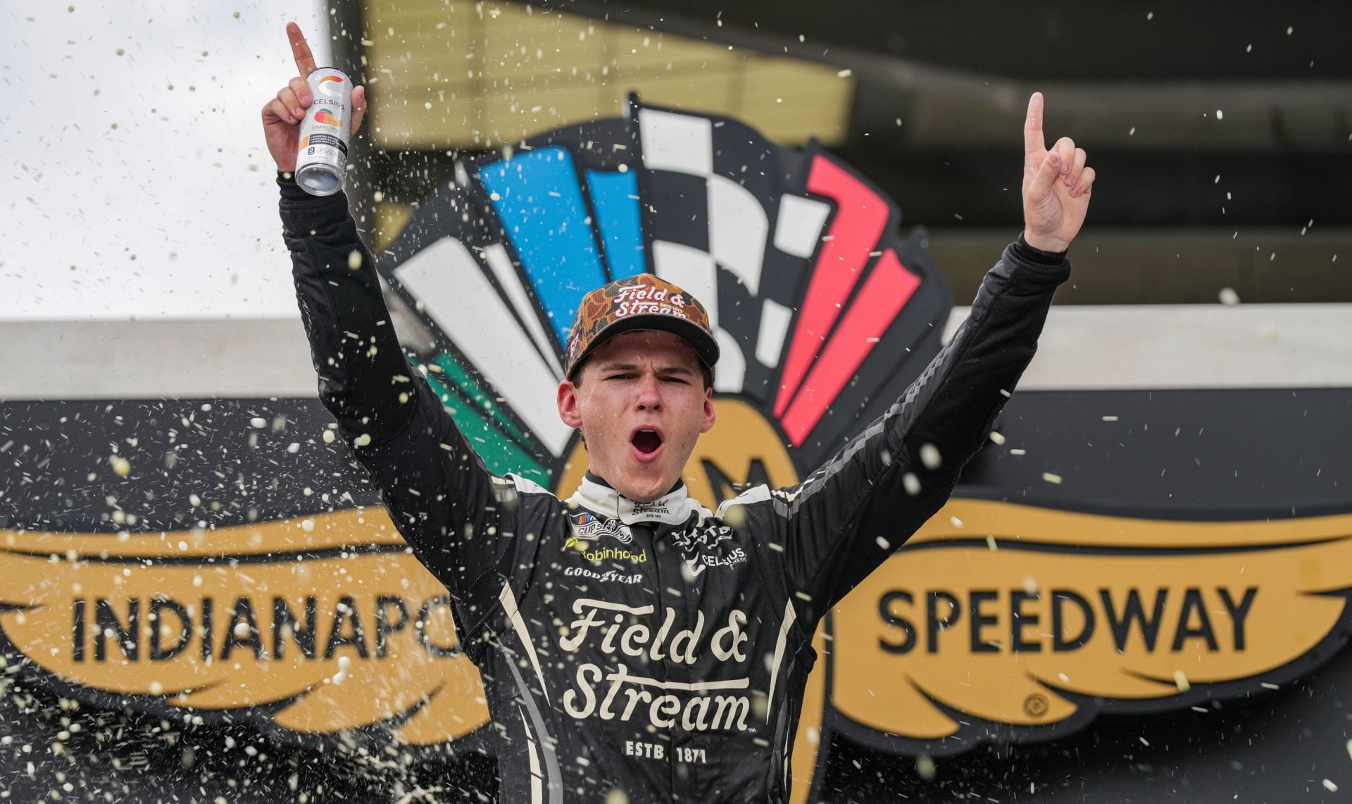 Corey Heim celebrates after winning the Brickyard 400. - Source: Imagn