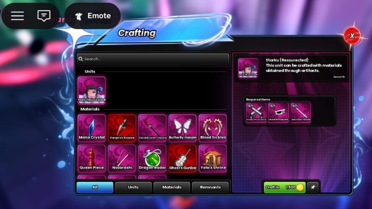 Items needed to craft the unit (Image via Roblox)