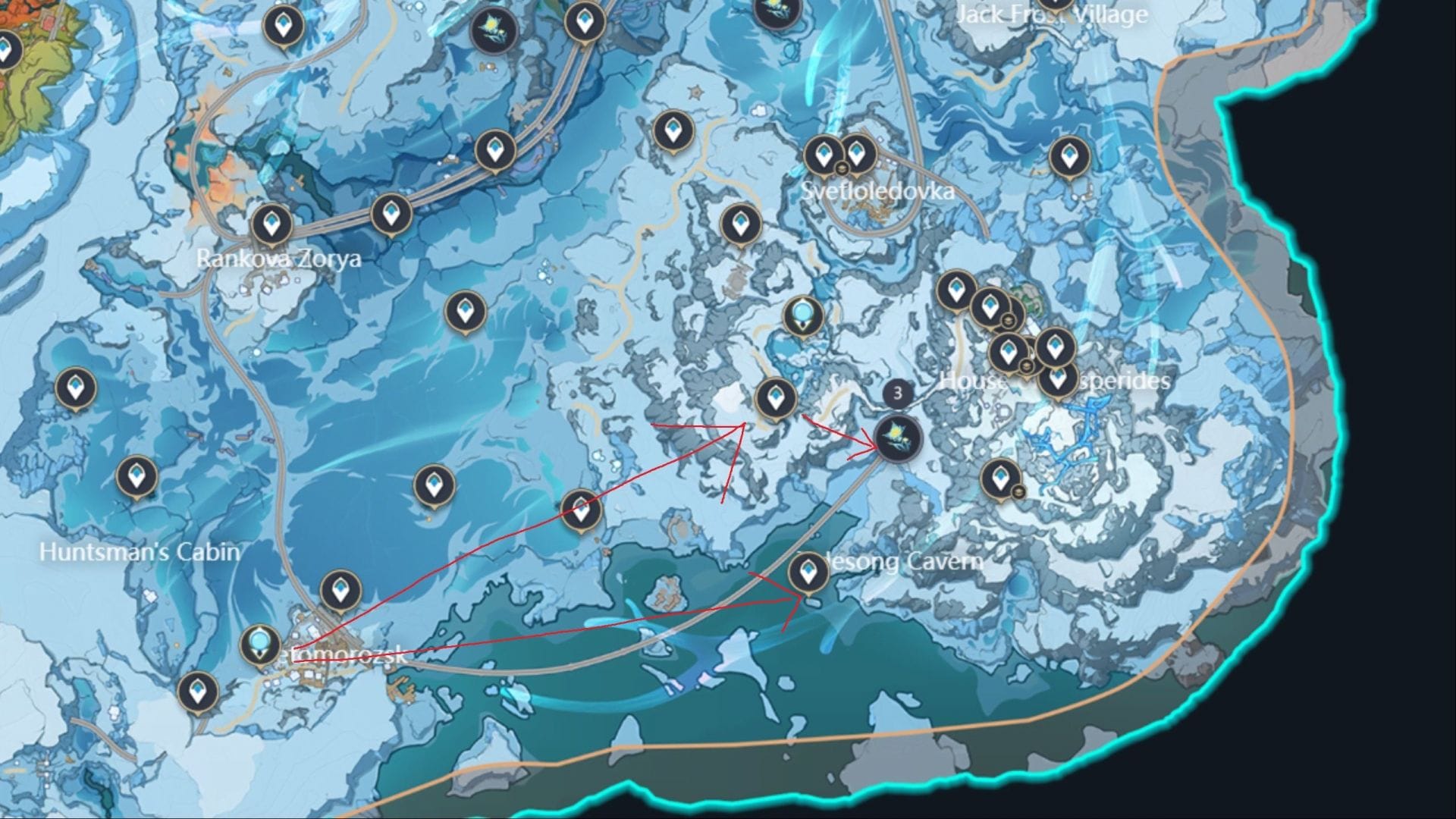 From Sretomorozsk to the waypoint beside the rail track (Image via HoYoverse || Interactive Map)