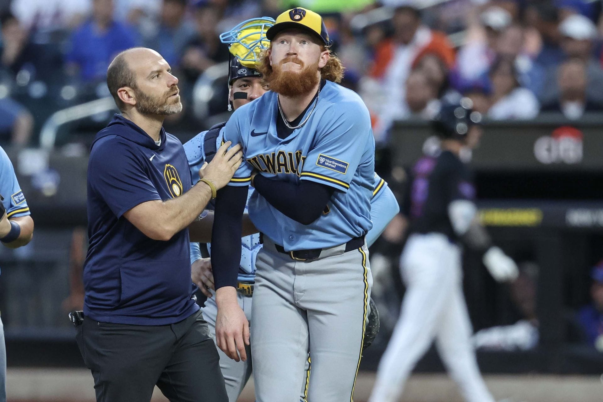 WATCH: Dustin May takes scary 106 mph comebacker to shoulder and leaves Brewers vs. Mets game