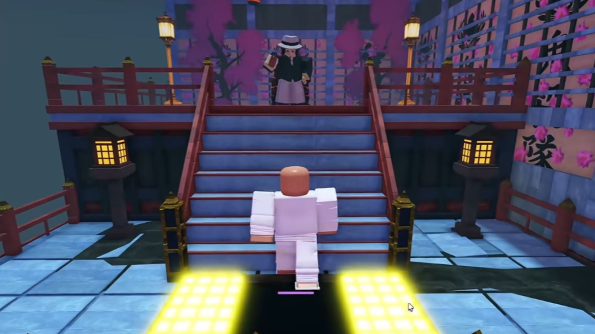 Interact with Muzan to get the Demon quest (Image via Roblox || YouTube/@BLUEZ)