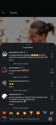 Djokovic's wife Jelena's comment on Instagram (Source: Instagram/alexzverev123)