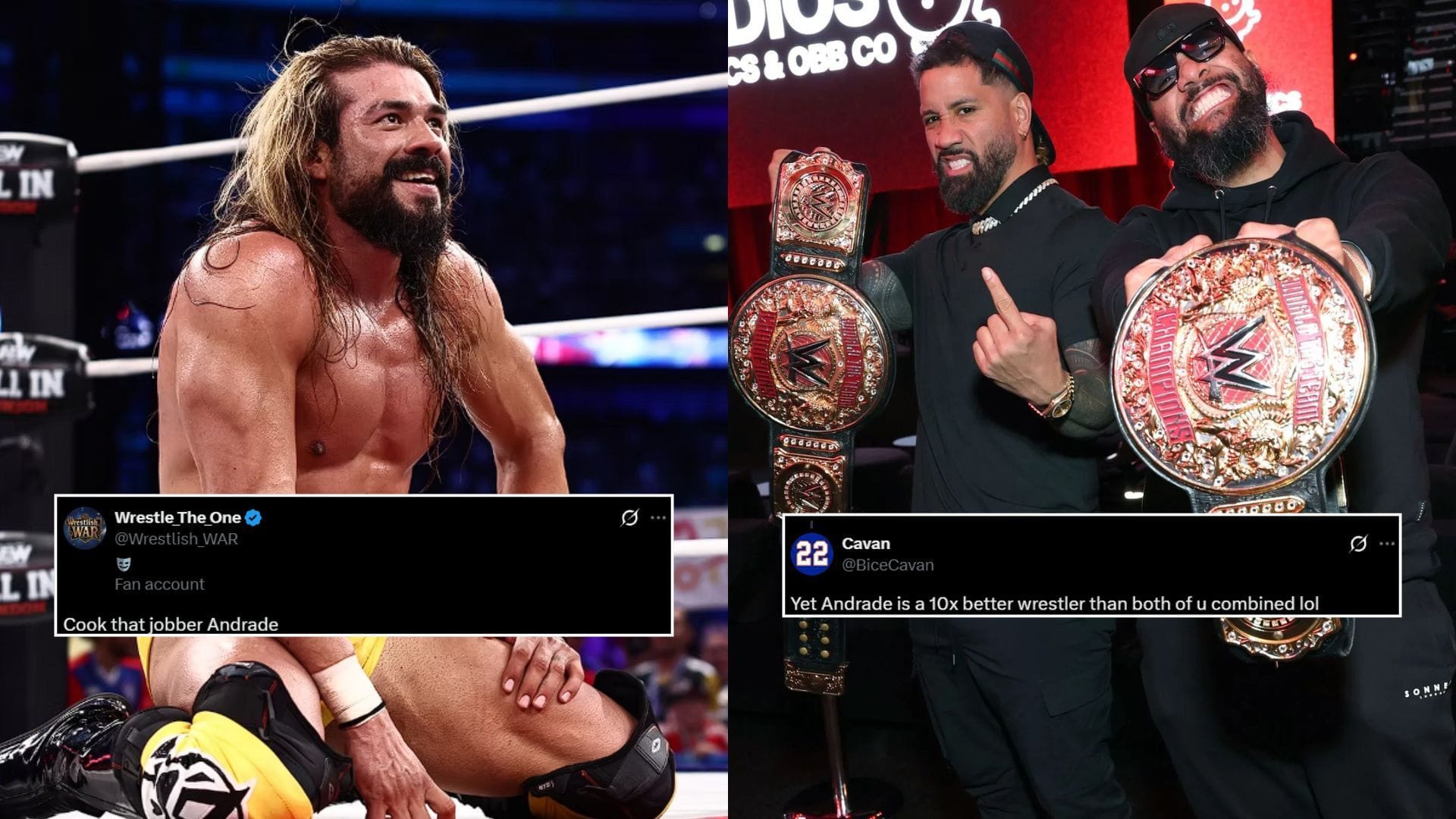 "Cook that jobber Andrade" "Andrade is a 10x better wrestler than both of u" - Fans react after The Usos issue fiery statement