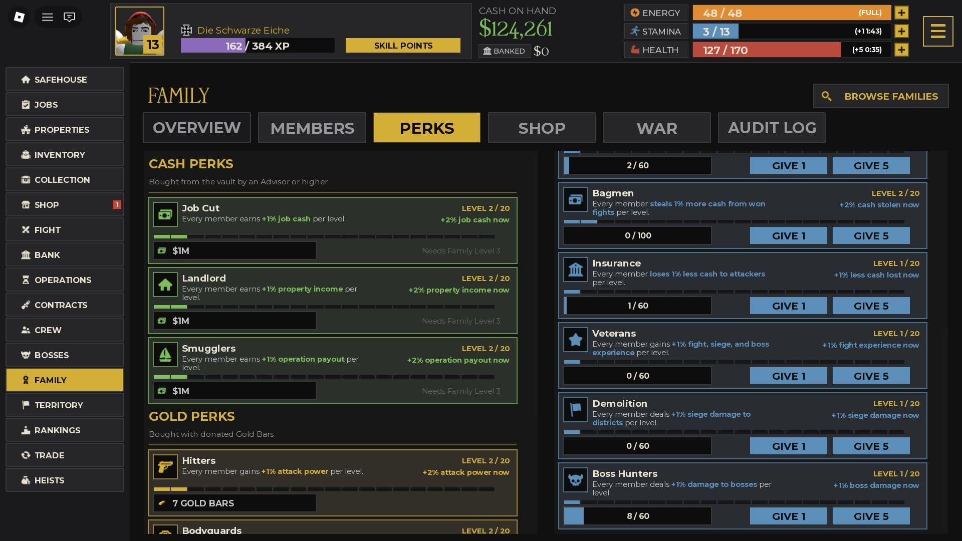 The Perks tab of the Family screen (Image via Roblox)