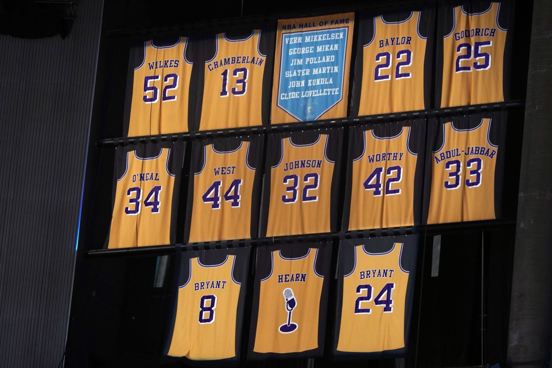 Retired jerseys and names of Lakers Hall of Famers - Source: Imagn
