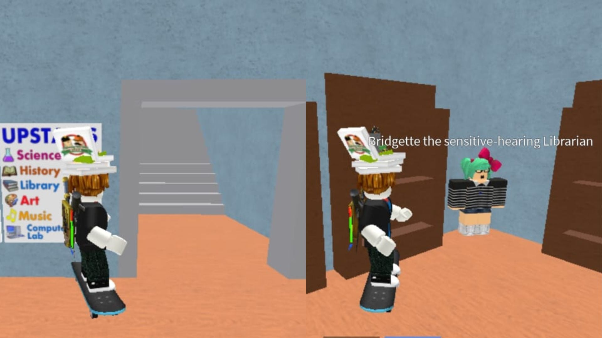 Go upstairs to find the library (Image via Roblox)