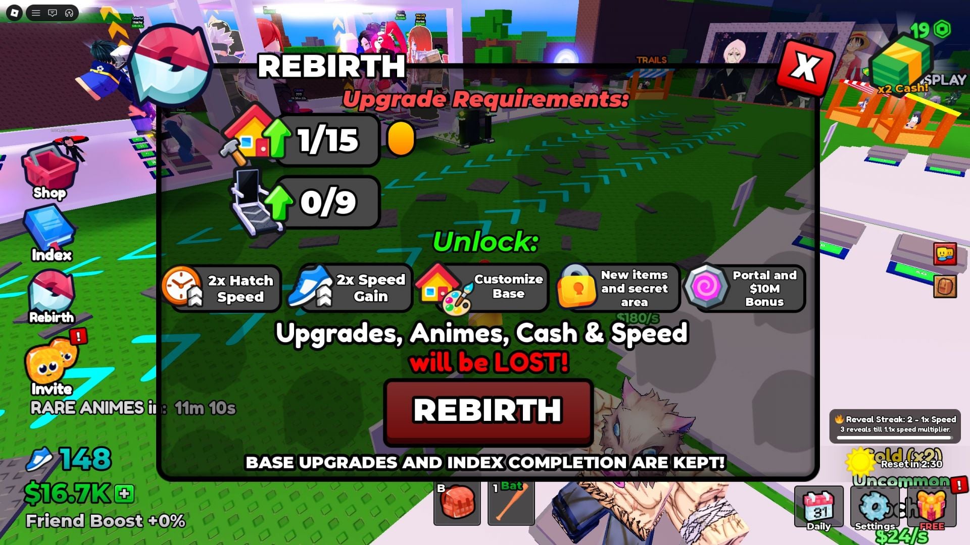 Perform Rebirths to unlock new items, boosts, and gameplay elements (Image via Roblox)