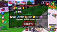 Perform Rebirths to unlock new items, boosts, and gameplay elements (Image via Roblox)