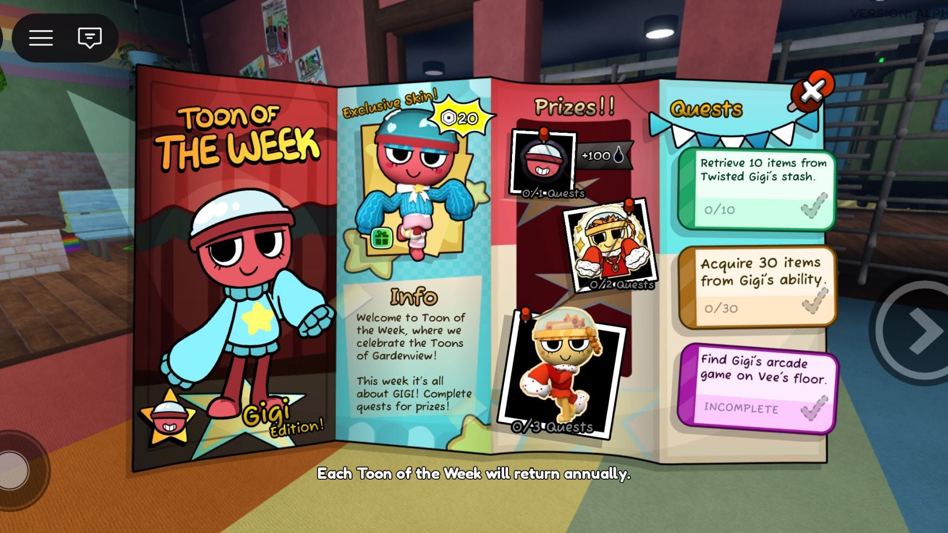 Gigi Toon of the Week quests banner (Image via Roblox)