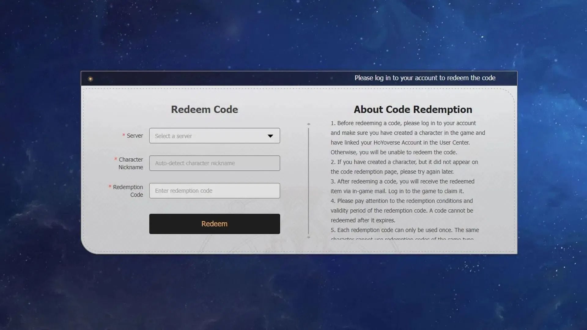 Redeem on the official webpage (Image via HoYoverse)