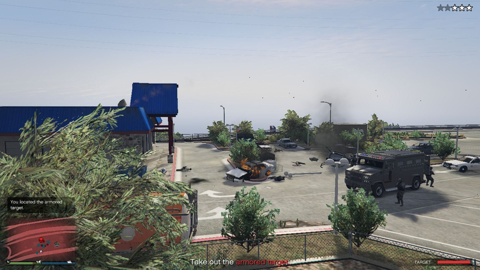 The shootout area with police and the target (Image via Rockstar Games || GTA Wiki)