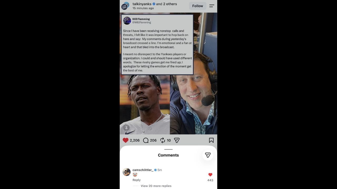 Screenshot of Cam Schlittler's comment on Instagram (Image via Instagram.com/@talkinyanks)