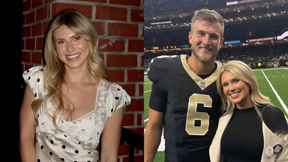 PIC: Tyler Shough’s wife Jordan shows off “MNF fit check” in black mesh top with Saints-themed skirt