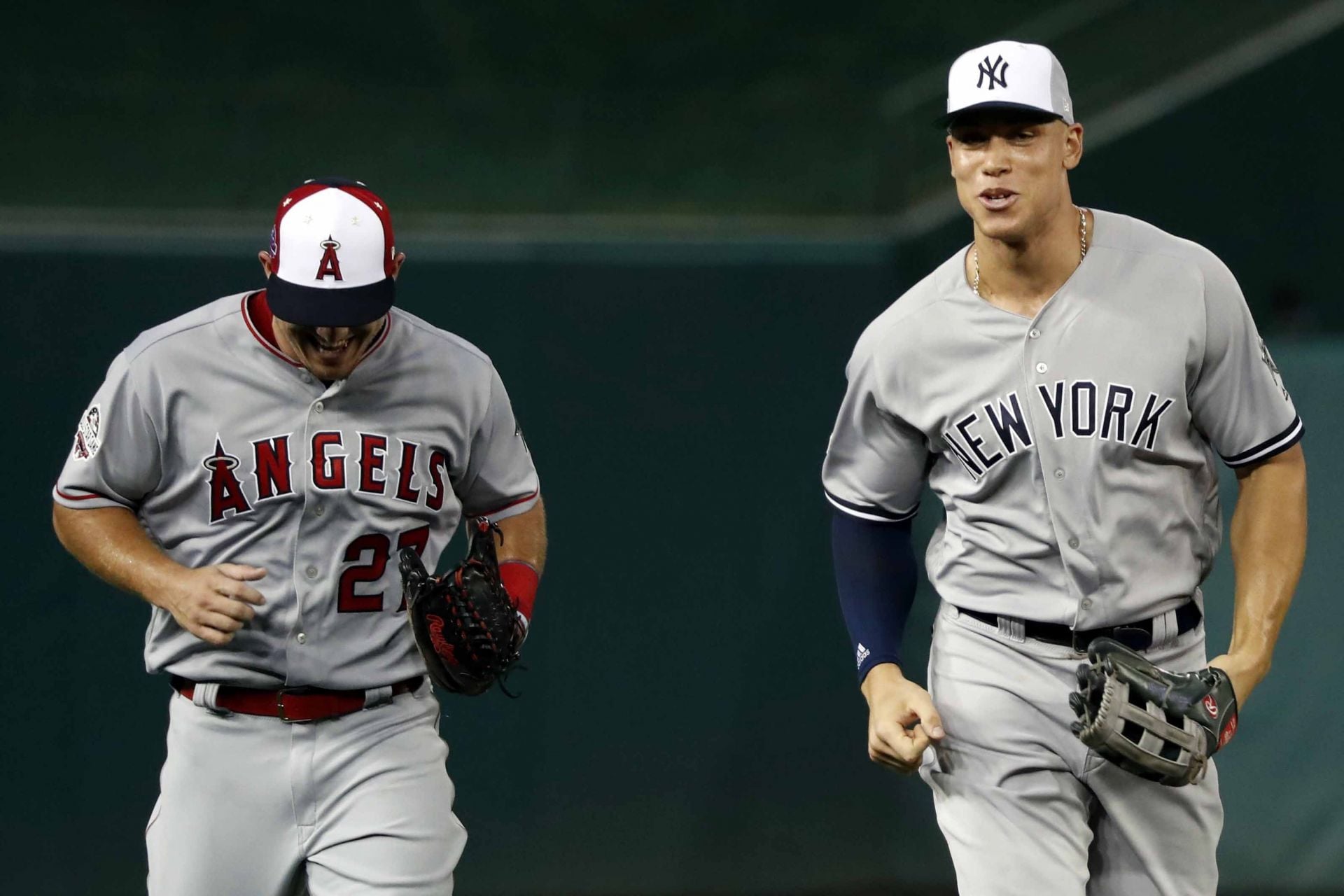 Aaron Judge and Mike Trout at the 2018 MLB All-Star Game at Nationals Ballpark. - Source: Imagn